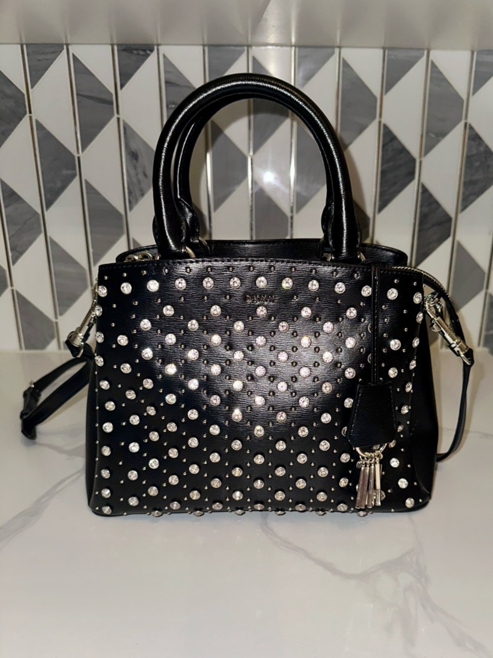 DKNY Black Crystal Studded Satchel/Crossbody Bag